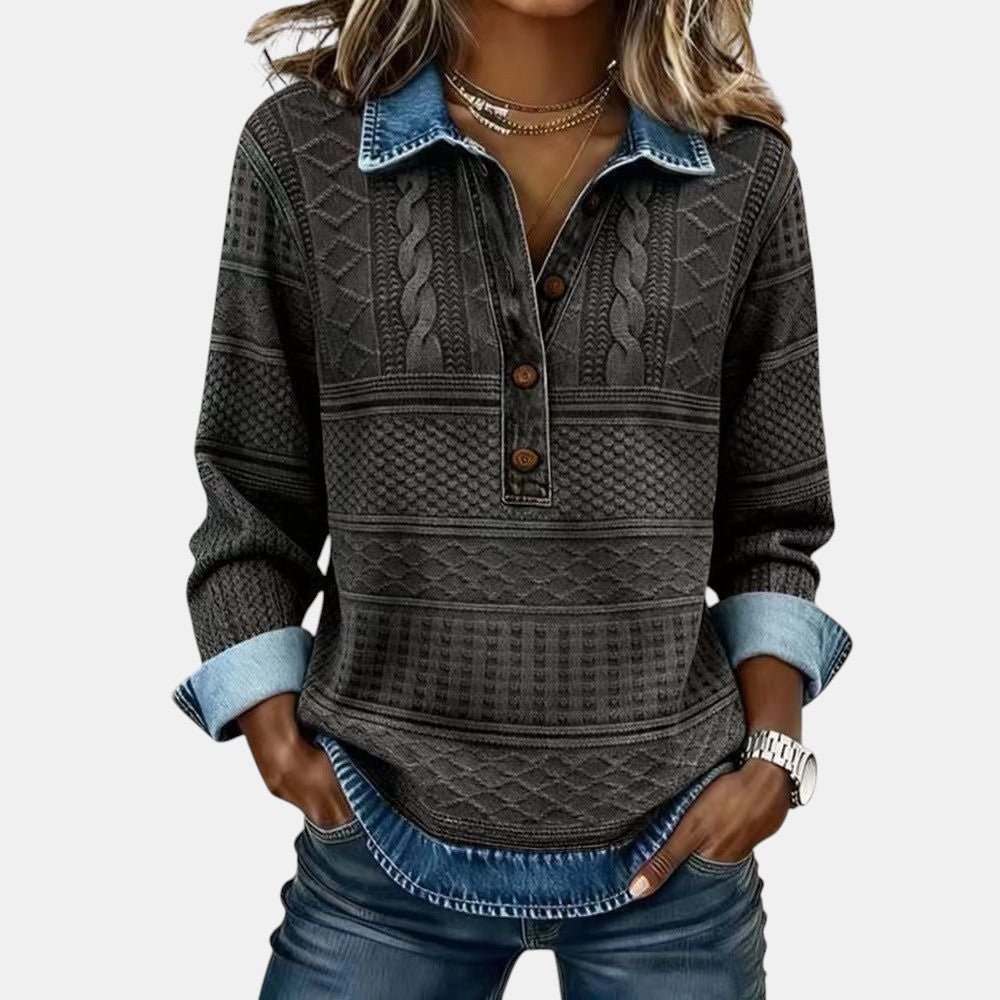 ZOFIA ATELIER knitted color-block shirt with denim collar and cuffs, featuring a loose fit and patchwork design.