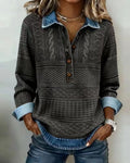 ZOFIA ATELIER knitted color-block shirt with denim collar and cuffs, featuring a patchwork design and button details.