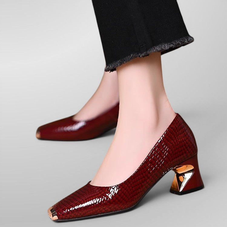 ZOFIA ATELIER Krystyna snake pattern chunky heel shoes in deep red PU with square toe and metallic detail.