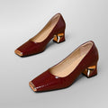 ZOFIA ATELIER Krystyna snake pattern chunky heel shoes in deep red PU with square toe and gold accent.