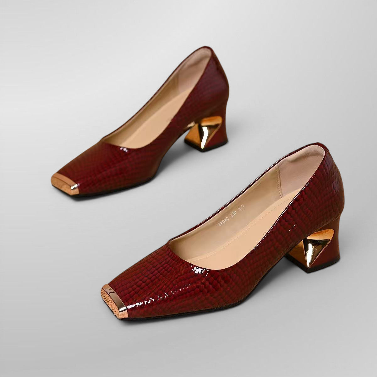 ZOFIA ATELIER Krystyna snake pattern chunky heel shoes in deep red PU with square toe and gold accent.