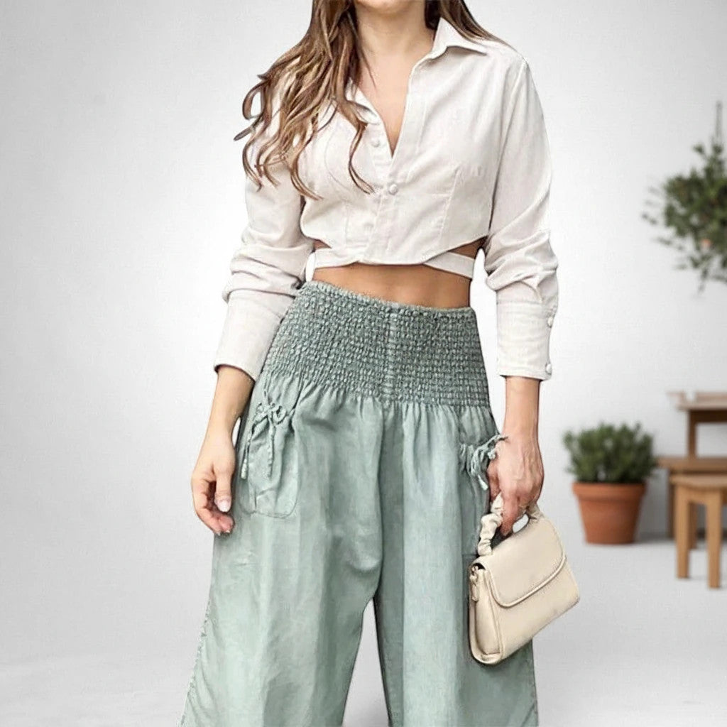 ZOFIA ATELIER beige long-sleeve cropped shirt and light green wide-leg pants with smocked waist and tie details