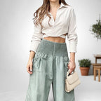 ZOFIA ATELIER beige long-sleeve cropped shirt and light green wide-leg pants with smocked waist and tie details