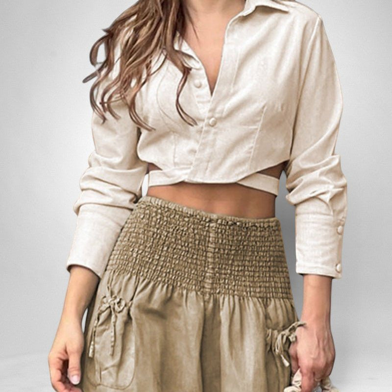 ZOFIA ATELIER beige polyester lace ruffle pant set with long sleeves and cropped pants