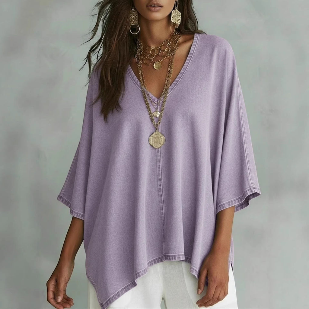 ZOFIA ATELIER relaxed fit V-neck batwing sleeve tunic blouse in washed-out lavender polyester.