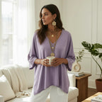 ZOFIA ATELIER relaxed fit lavender V-neck tunic blouse with batwing sleeves and a washed-out finish.