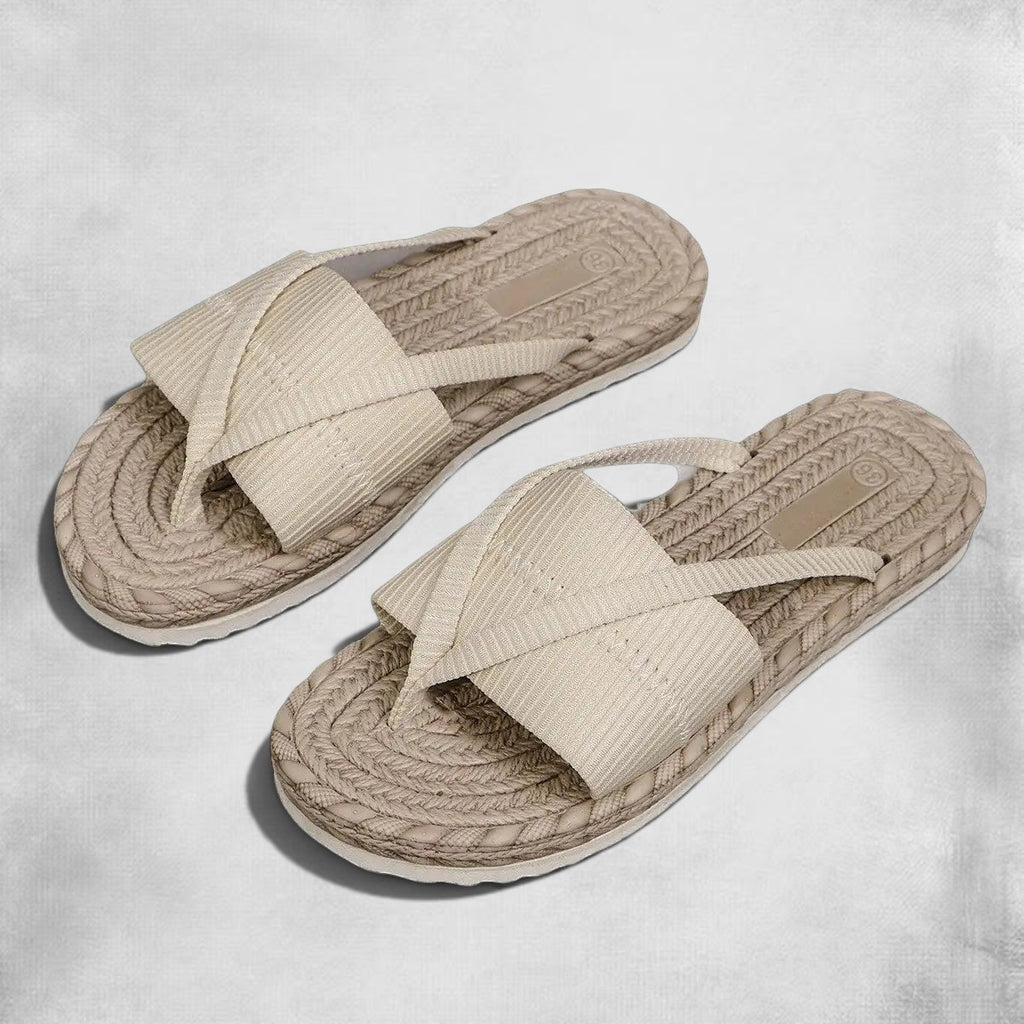 ZOFIA ATELIER Lena beige orthopedic sandals with ribbed cross-strap design and espadrille sole.