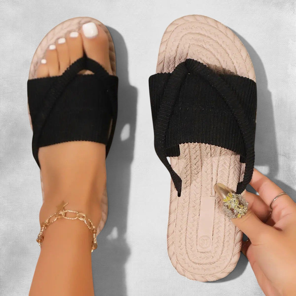 ZOFIA ATELIER LENA black ribbed cross-strap orthopedic sandals with beige sole.