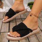 ZOFIA ATELIER Lena black ribbed cross-strap orthopedic sandals with braided sole.