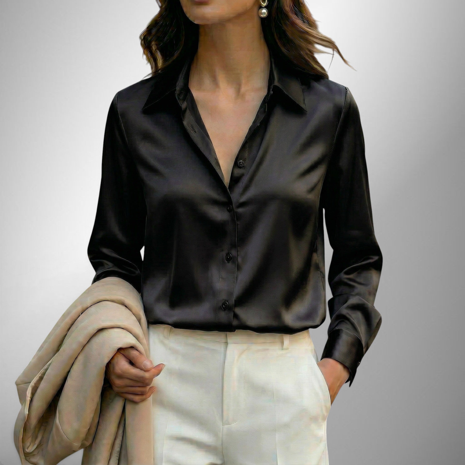 ZOFIA ATELIER LENA black satin long sleeve blouse with lapel neckline and button-down front.
