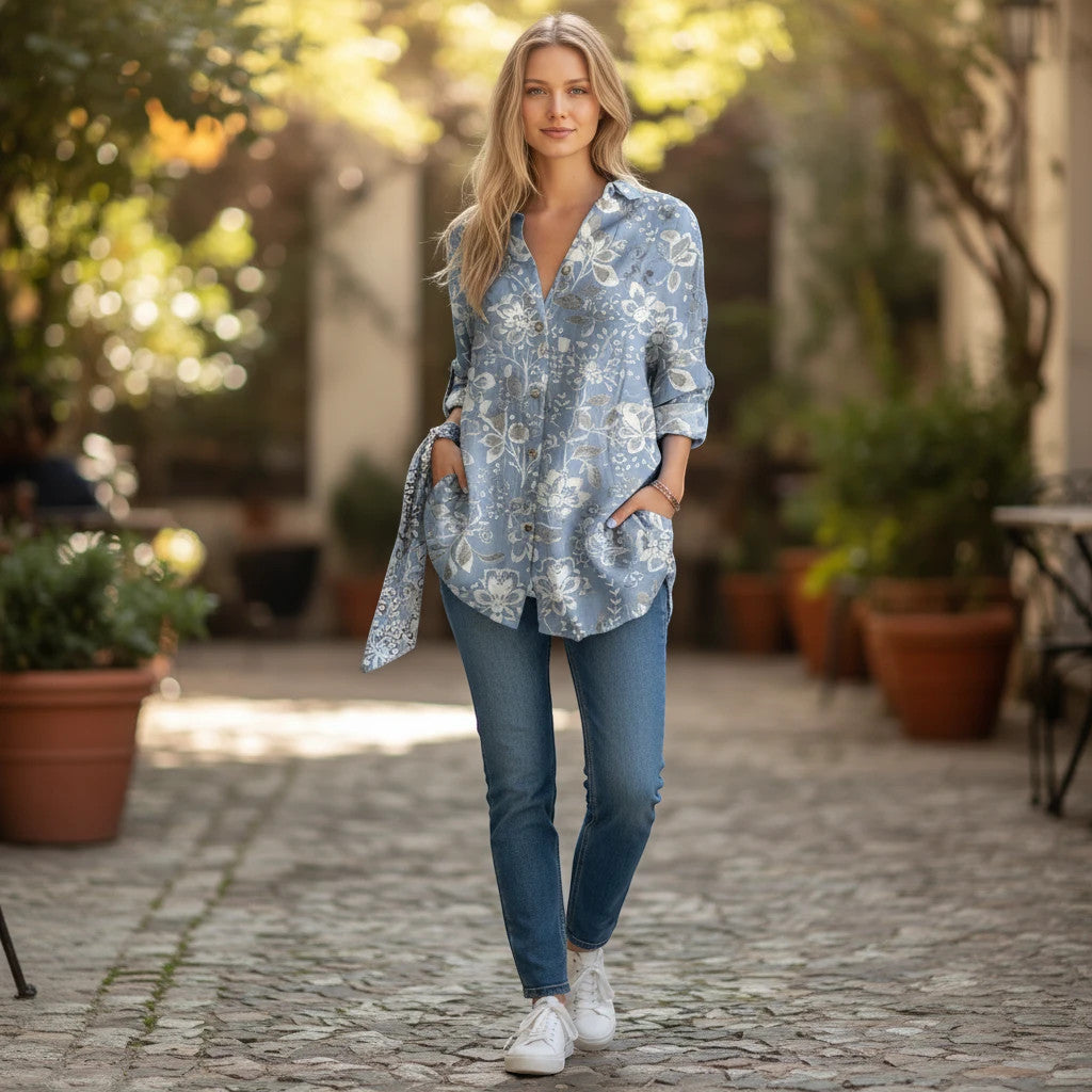 ZOFIA ATELIER LENA blue floral print button-up blouse with a fluid drape and side tie detail.