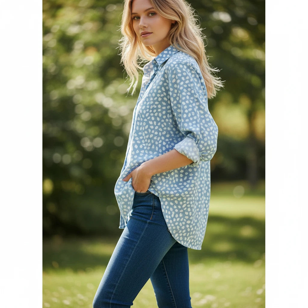 ZOFIA ATELIER LENA light blue button-up blouse with white speckle print, long sleeves, and relaxed fit.