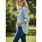 ZOFIA ATELIER LENA light blue button-up blouse with white speckle print, long sleeves, and relaxed fit.