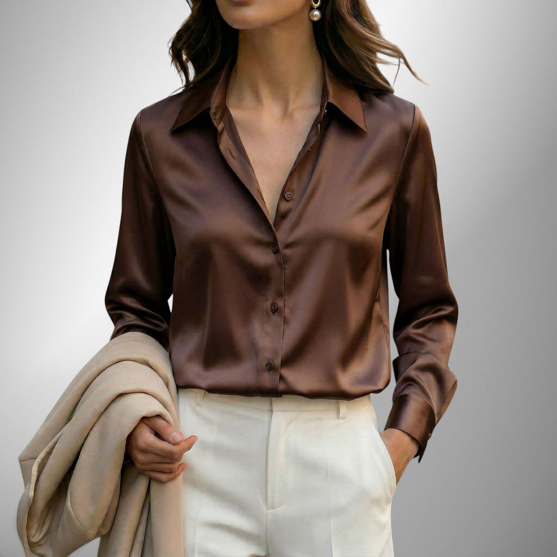 ZOFIA ATELIER LENA elegant brown satin blouse with lapel neckline and button-down front.