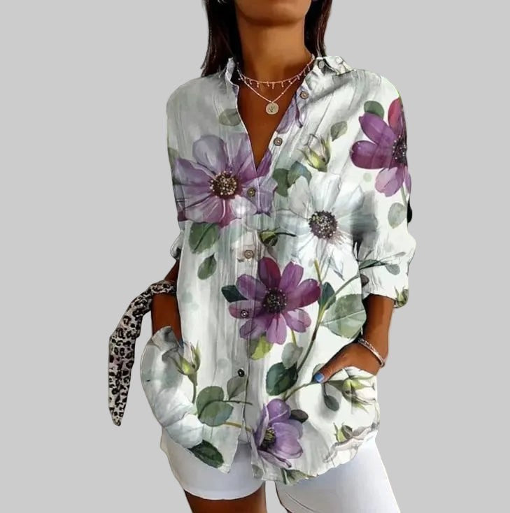 ZOFIA ATELIER Lena white button-up blouse with purple floral print and relaxed fit.