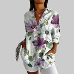ZOFIA ATELIER Lena white button-up blouse with purple floral print and relaxed fit.