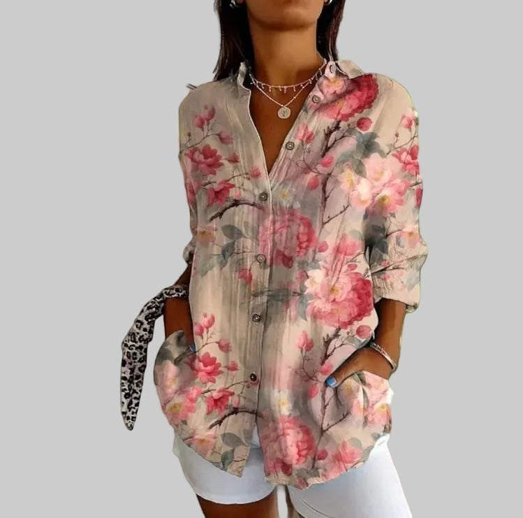 ZOFIA ATELIER Lena button-up blouse with pink floral print, relaxed fit, and collared neckline.