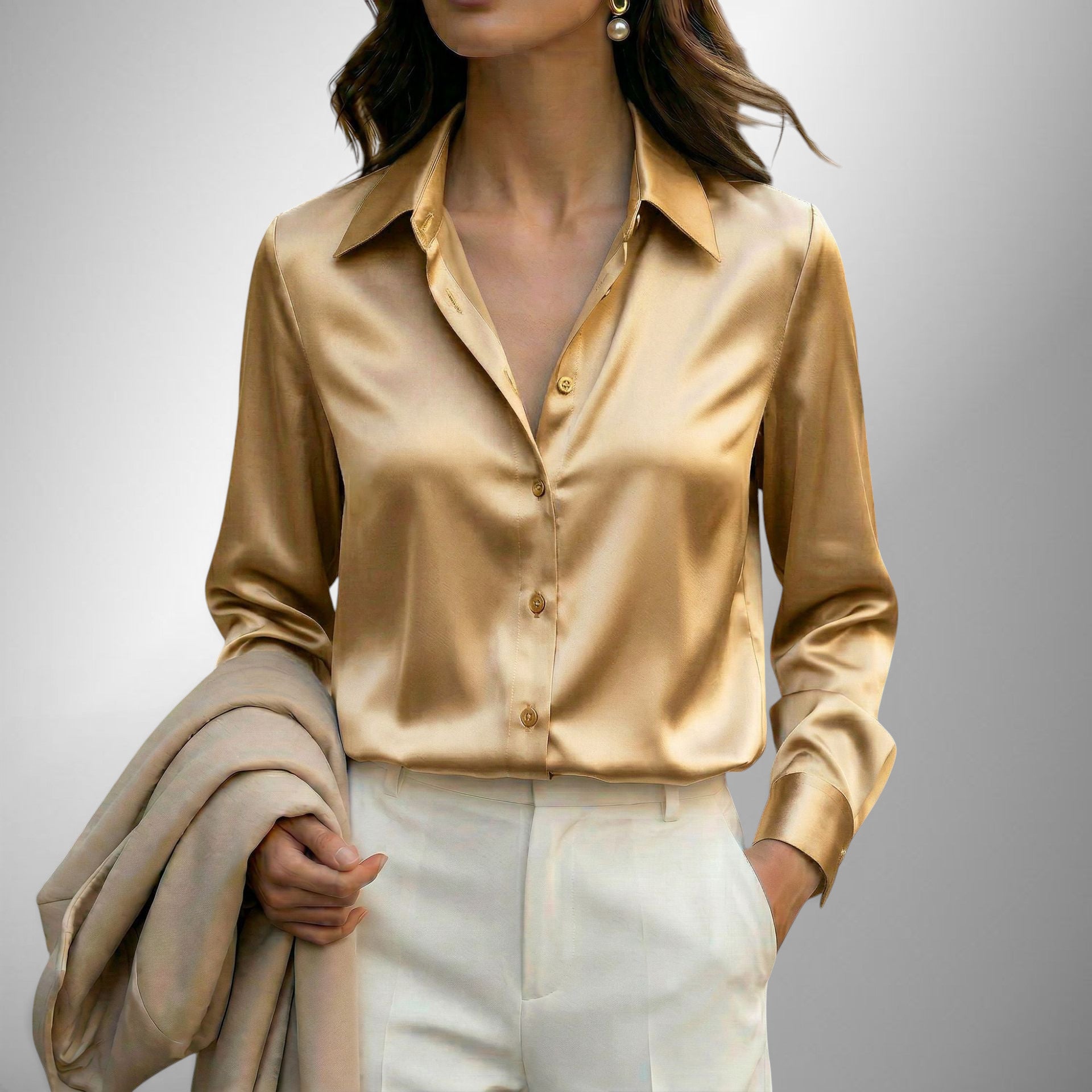 ZOFIA ATELIER LENA elegant gold satin blouse with lapel neckline and button-down front.