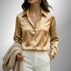 ZOFIA ATELIER LENA elegant gold satin blouse with lapel neckline and button-down front.
