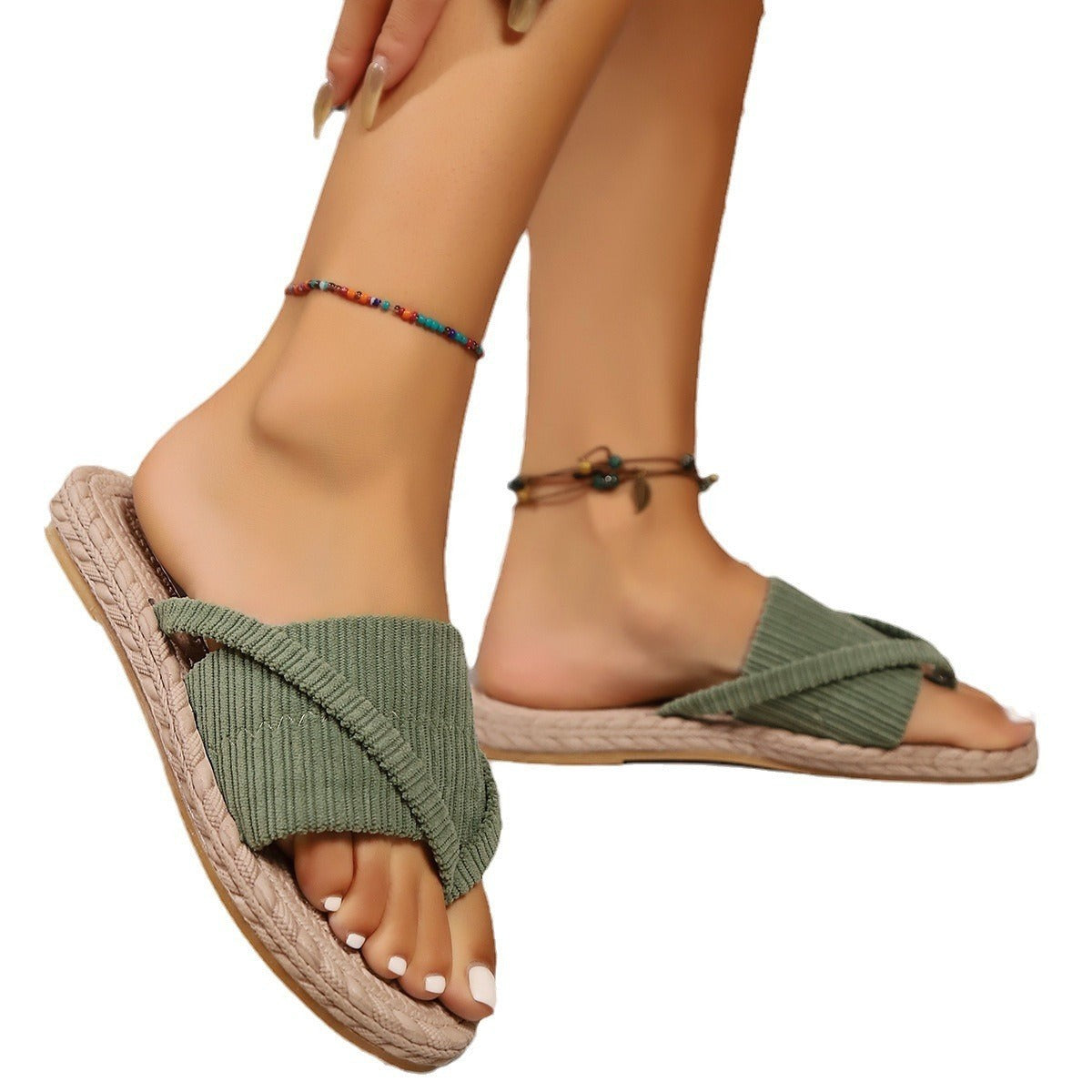 ZOFIA ATELIER LENA green ribbed texture cross-strap orthopedic sandals with braided sole.
