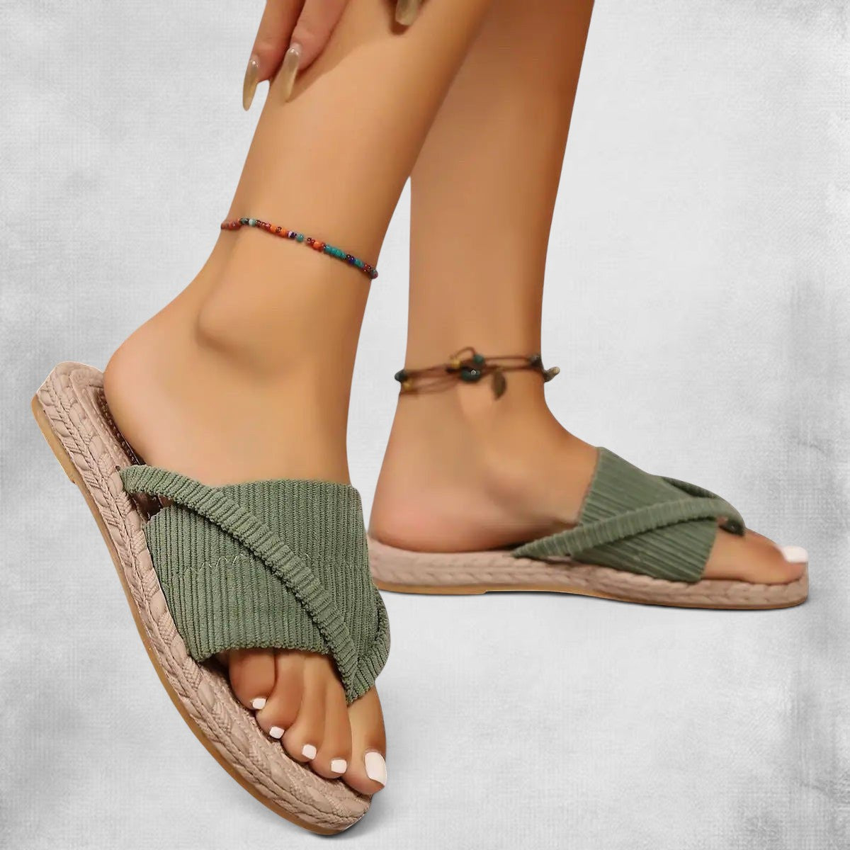 ZOFIA ATELIER Lena green ribbed texture cross-strap orthopedic sandals with espadrille sole.