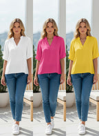 ZOFIA ATELIER LENA notch neck summer blouse in white, pink, and yellow. Lightweight, flowing fabric with split sleeves.