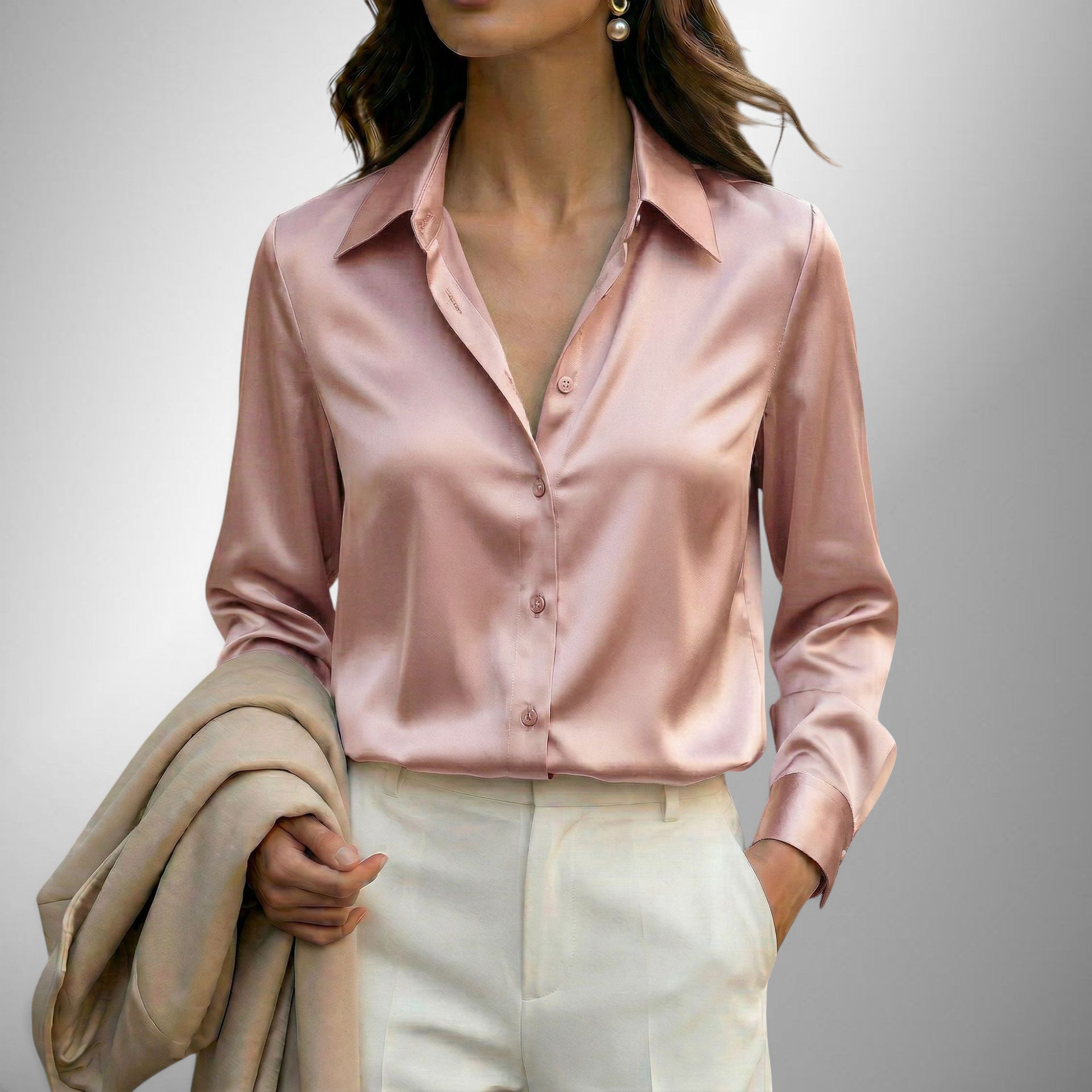 ZOFIA ATELIER LENA elegant pink satin blouse with lapel neckline and button-down front, long sleeves.