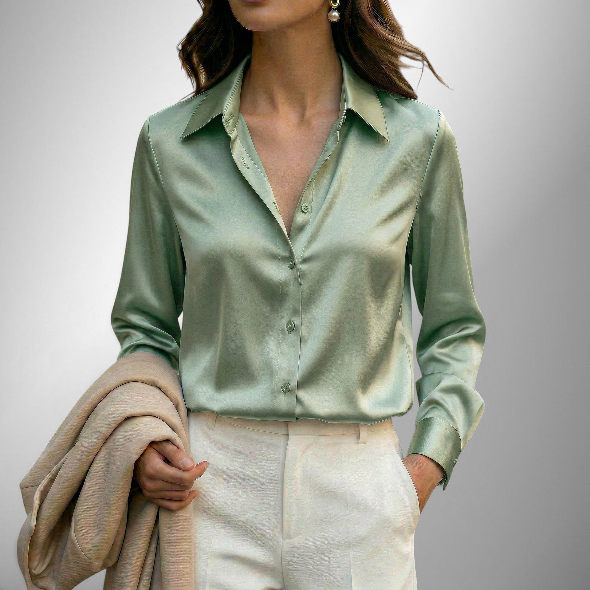 ZOFIA ATELIER LENA elegant satin blouse in light green with lapel neckline and button-down front.