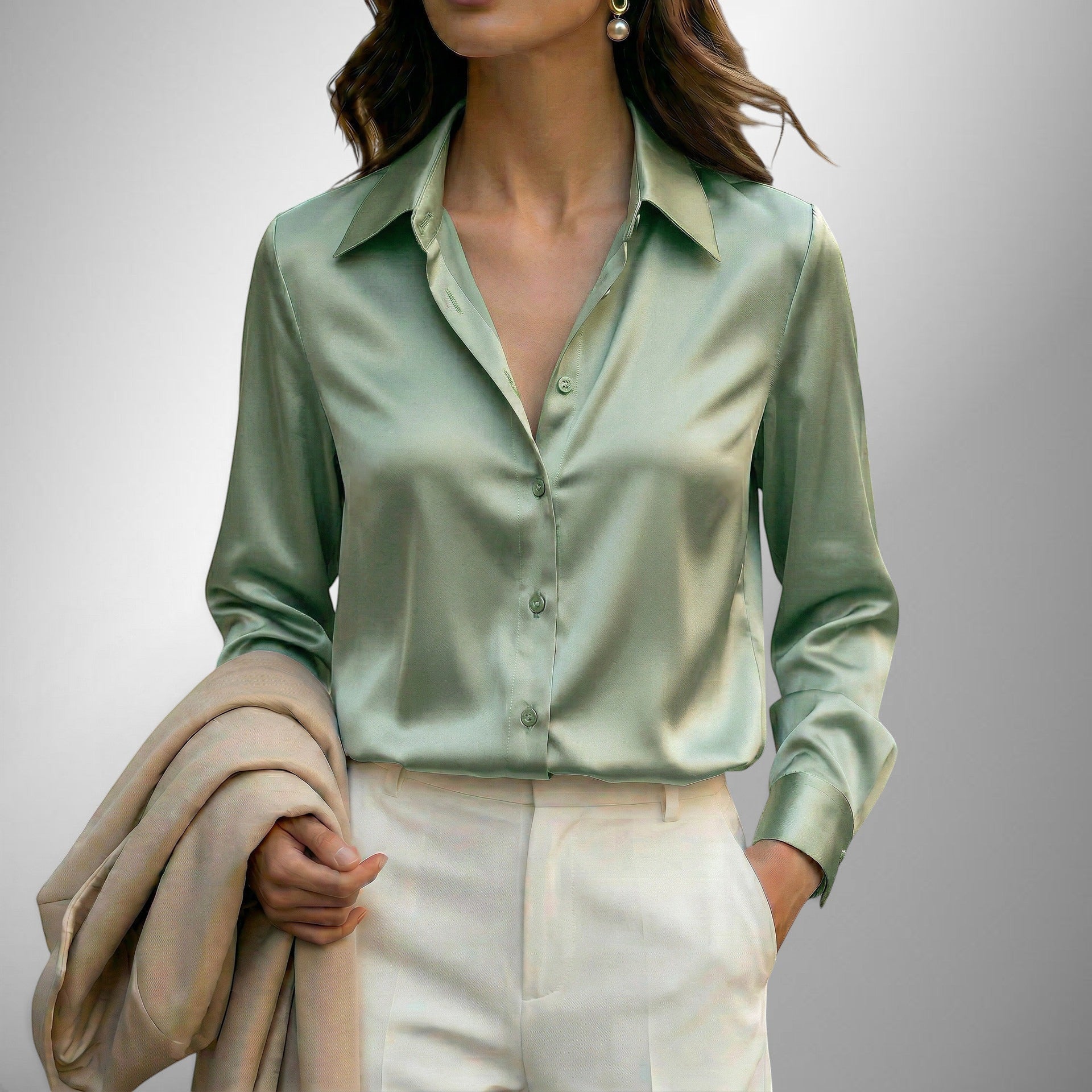 ZOFIA ATELIER LENA elegant satin blouse in light green with lapel neckline and button-down front.