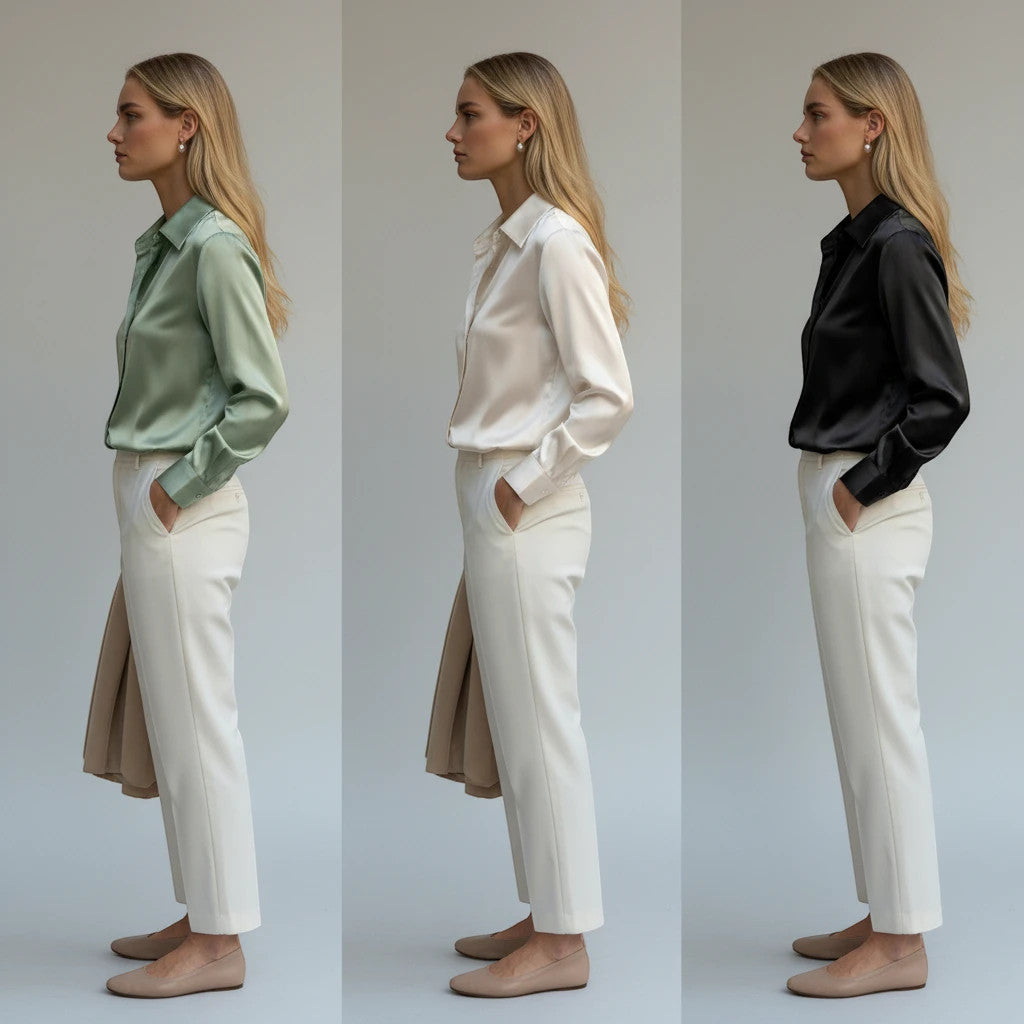 ZOFIA ATELIER LENA elegant satin blouse in sage green, cream, and black. Long sleeve, lapel neckline, button-down front.