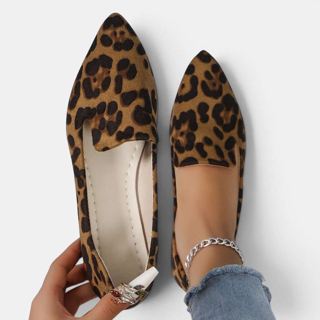 ZOFIA ATELIER leopard print pointed toe flats with a shallow-cut upper and slip-on design.