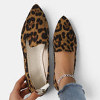 ZOFIA ATELIER leopard print pointed toe flats with a shallow-cut upper and slip-on design.
