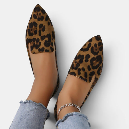 ZOFIA ATELIER leopard print pointed toe flats with a shallow-cut upper and slip-on design.