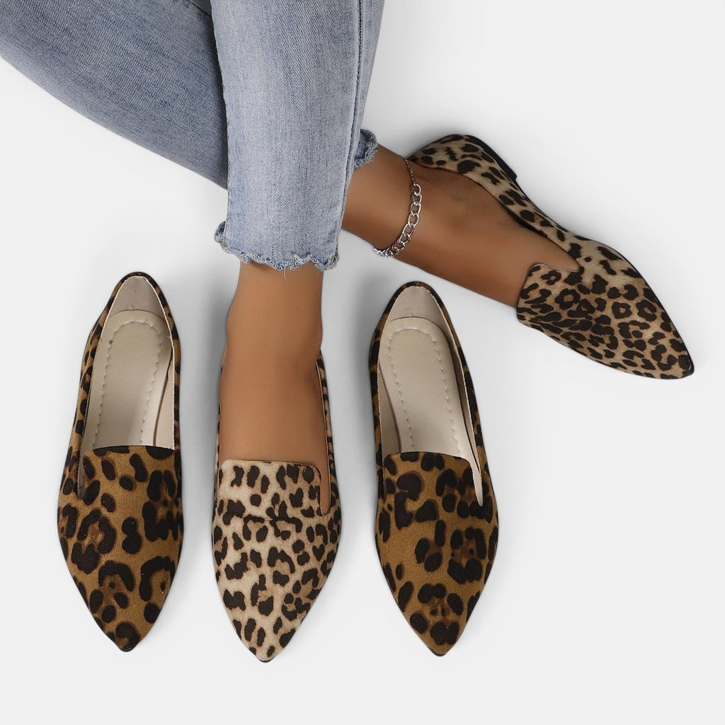 ZOFIA ATELIER leopard print pointed toe flats with a shallow-cut upper and slip-on design.