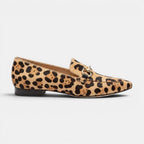 ZOFIA ATELIER EWA leopard print pointed toe flat pumps with gold hardware.