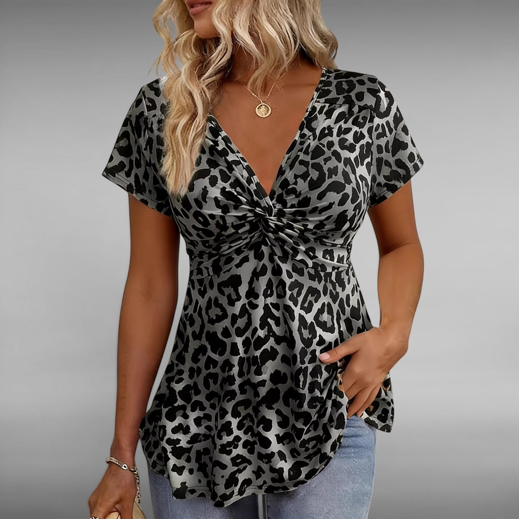 ZOFIA ATELIER leopard print cross-tie V-neck short sleeve polyester blouse