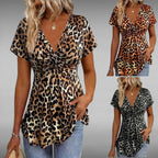 ZOFIA ATELIER leopard print cross-tie V-neck short sleeve polyester blouse in khaki, orange, and dark gray.