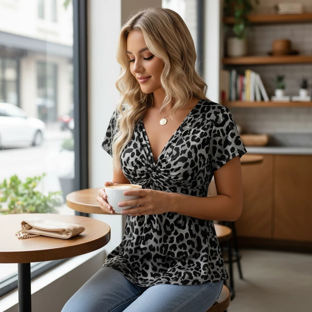 ZOFIA ATELIER leopard print cross-tie V-neck blouse in khaki and black, made of polyester.