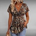 ZOFIA ATELIER leopard print cross-tie V-neck blouse in khaki, made of lightweight polyester.