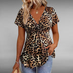 ZOFIA ATELIER leopard print cross-tie V-neck blouse in khaki, made of lightweight polyester.