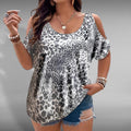 ZOFIA ATELIER grey and black leopard print cold-shoulder crew-neck polyester top