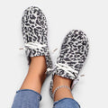 ZOFIA ATELIER leopard print flyknit flats with round toe and white lace-up front. Everyday wear.