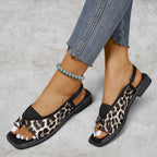 ZOFIA ATELIER leopard print slingback sandals with square toe and black PU upper, perfect for casual wear.
