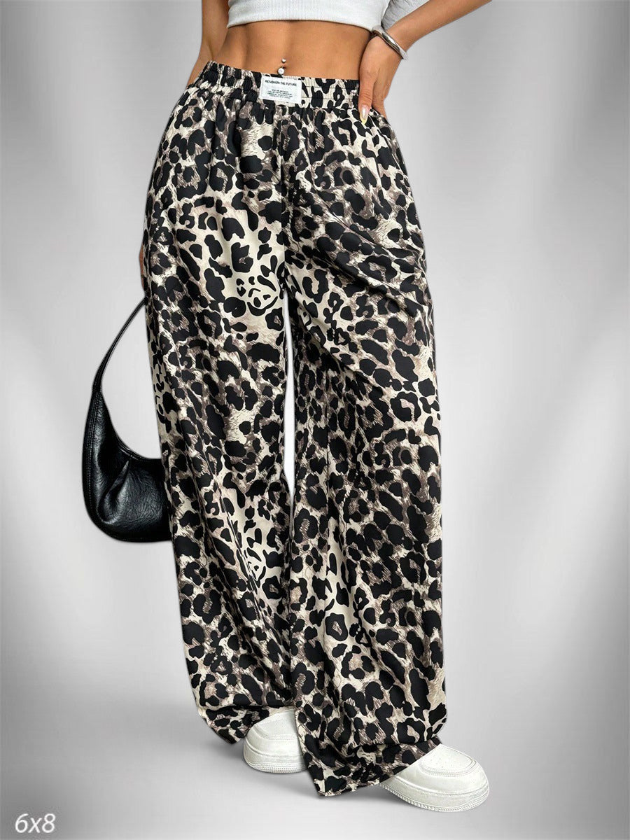 ZOFIA ATELIER women's full-length wide-leg pants in leopard print, 100% polyester, mid-rise waist.