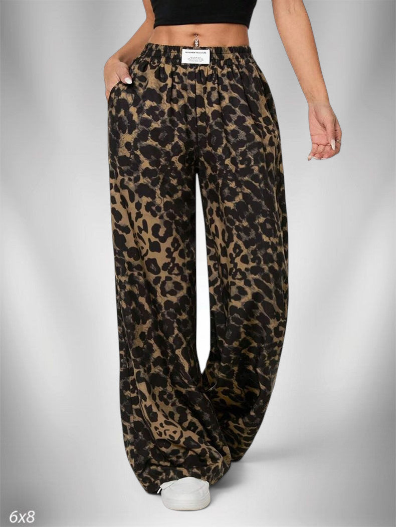 ZOFIA ATELIER women's full-length wide-leg pants in leopard print, made of 100% polyester with a mid-rise waistband.