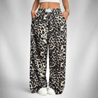 ZOFIA ATELIER women's full-length wide-leg leopard print polyester pants with mid-rise waist.