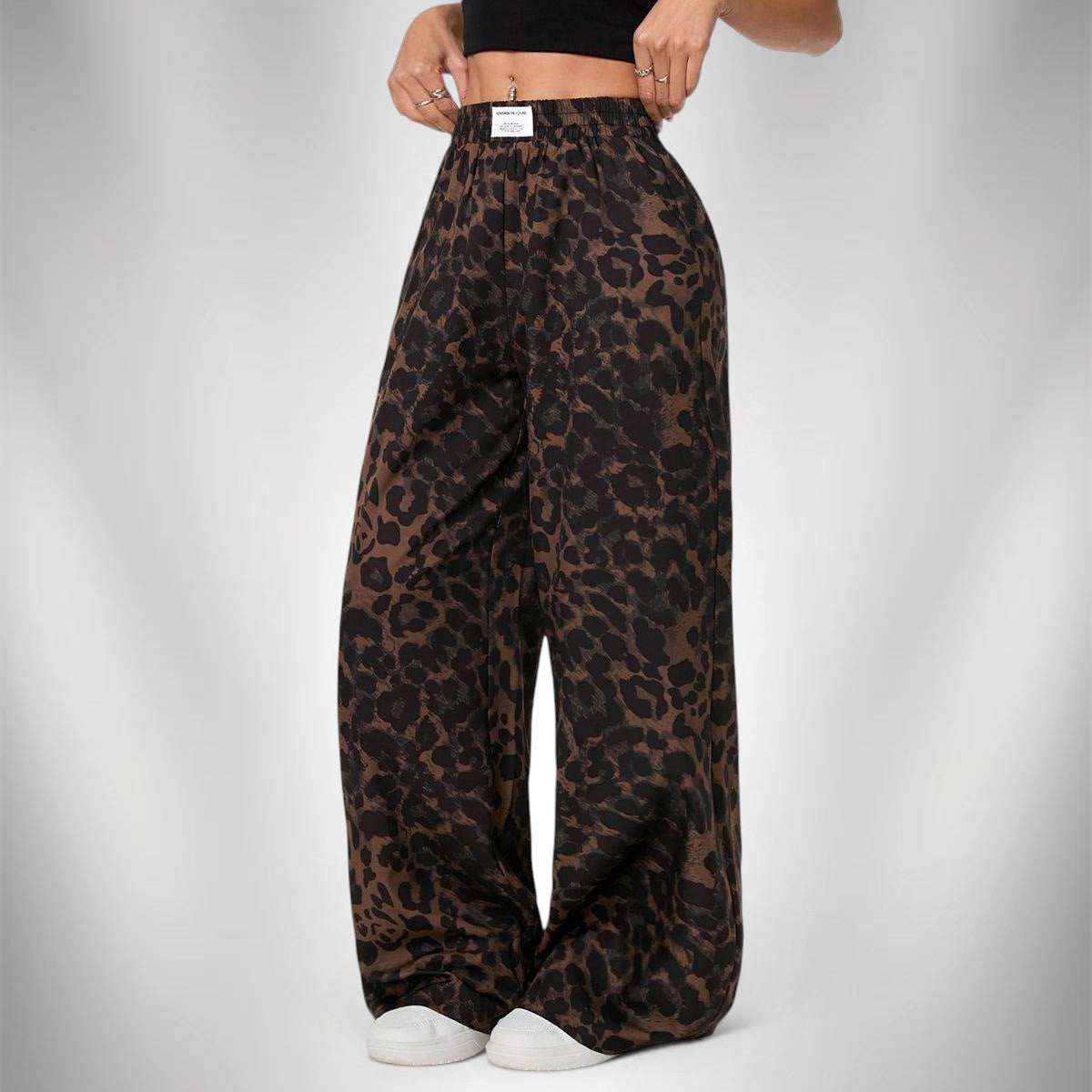 ZOFIA ATELIER women's brown and black leopard print polyester wide-leg pants with mid-rise waist.