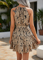 ZOFIA ATELIER leopard print chiffon dress with ruffles, hanging neck, and A-line silhouette.