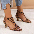 ZOFIA ATELIER leopard print suede peep toe heels with back zipper and T-strap design.