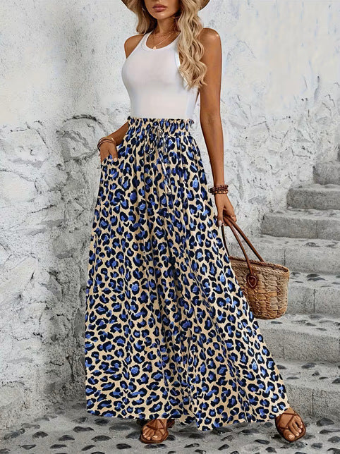 ZOFIA ATELIER women's high-waisted wide-leg trousers in leopard print polyester with pockets.